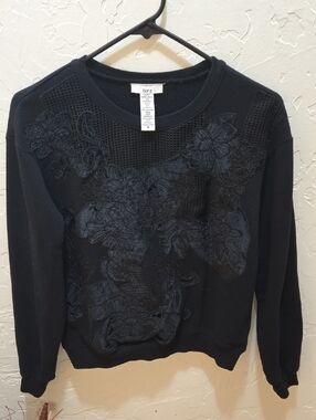 Bar III Black Floral Applique Crewneck Sweater